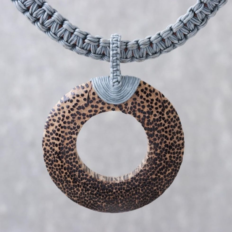 Handcrafted Coconut Wood and Leather Cord Pendant Necklace 'Earth Ring in Grey'