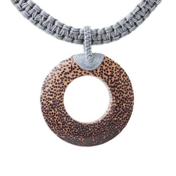 Alternate image for Handcrafted Coconut Wood and Leather Cord Pendant Necklace Earth Ring in Grey