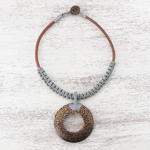 Alternate image for Handcrafted Coconut Wood and Leather Cord Pendant Necklace Earth Ring in Grey