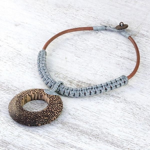 Alternate image for Handcrafted Coconut Wood and Leather Cord Pendant Necklace Earth Ring in Grey