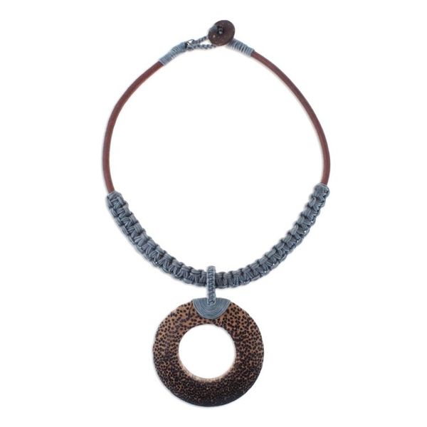Alternate image for Handcrafted Coconut Wood and Leather Cord Pendant Necklace Earth Ring in Grey