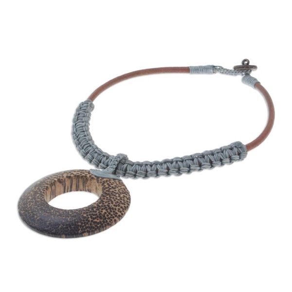 Alternate image for Handcrafted Coconut Wood and Leather Cord Pendant Necklace Earth Ring in Grey