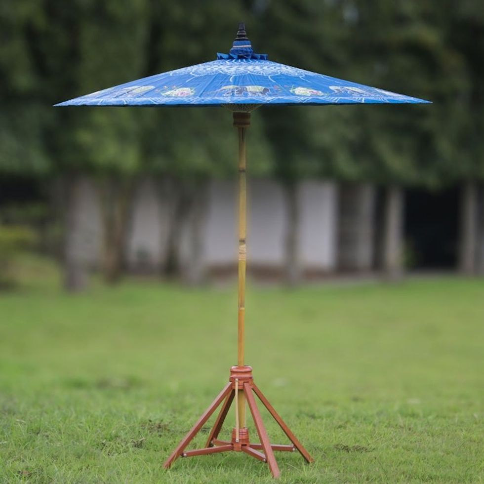 Elephant-Themed Cotton and Bamboo Parasol in Sapphire 'Happy Little Elephants'