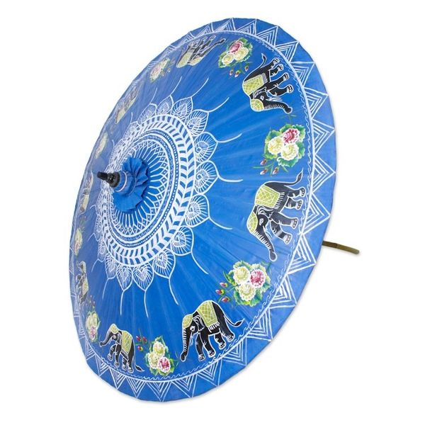 Alternate image for Elephant-Themed Cotton and Bamboo Parasol in Sapphire Happy Little Elephants