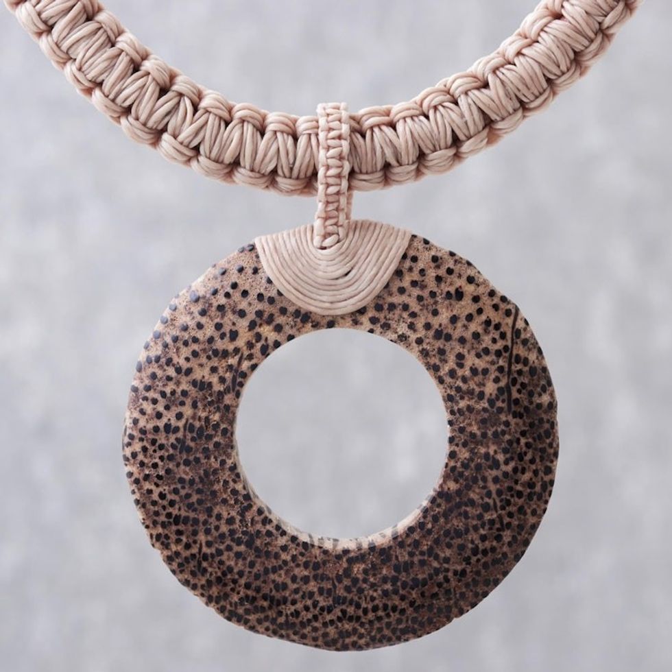 Handcrafted Coconut Wood and Leather Cord Pendant Necklace 'Earth Ring in Ecru'