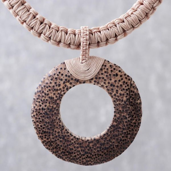 Alternate image for Handcrafted Coconut Wood and Leather Cord Pendant Necklace Earth Ring in Ecru