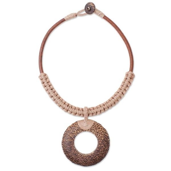 Alternate image for Handcrafted Coconut Wood and Leather Cord Pendant Necklace Earth Ring in Ecru