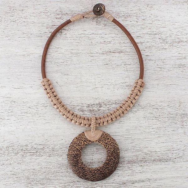 Alternate image for Handcrafted Coconut Wood and Leather Cord Pendant Necklace Earth Ring in Ecru
