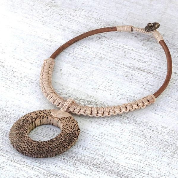 Alternate image for Handcrafted Coconut Wood and Leather Cord Pendant Necklace Earth Ring in Ecru