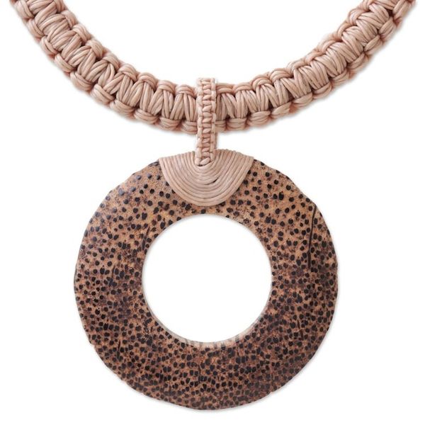 Alternate image for Handcrafted Coconut Wood and Leather Cord Pendant Necklace Earth Ring in Ecru