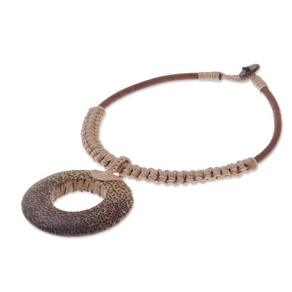 Alternate image for Handcrafted Coconut Wood and Leather Cord Pendant Necklace Earth Ring in Ecru