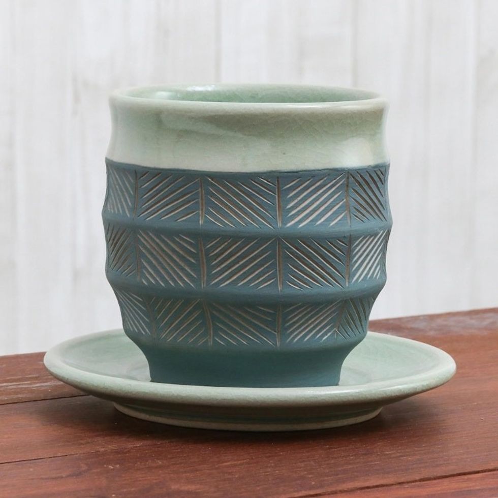 Celadon Ceramic Cup and Saucer in Green from Thailand 'Verdant Comfort'