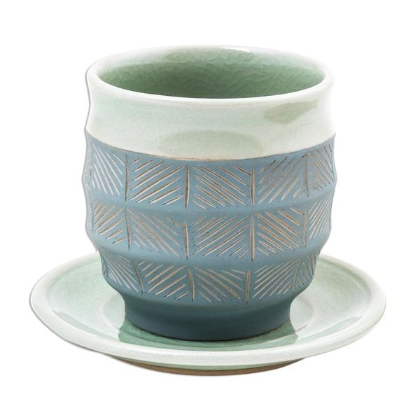 Alternate image for Celadon Ceramic Cup and Saucer in Green from Thailand Verdant Comfort