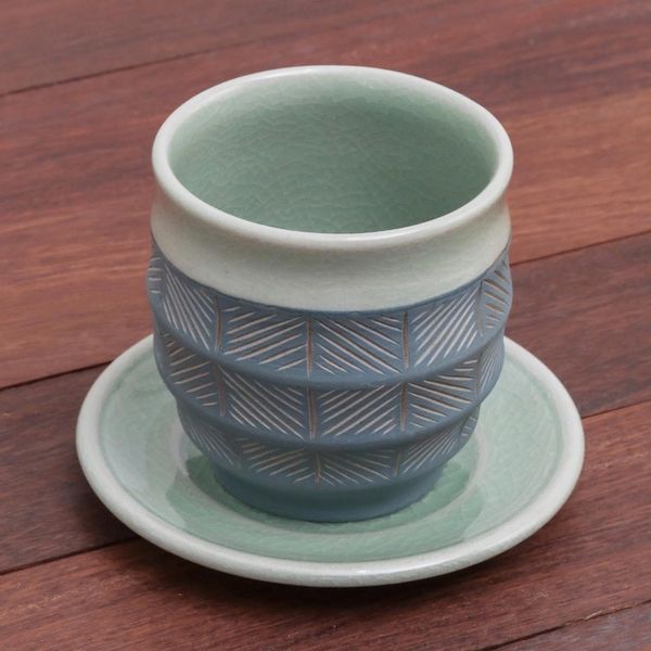 Alternate image for Celadon Ceramic Cup and Saucer in Green from Thailand Verdant Comfort