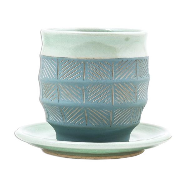 Alternate image for Celadon Ceramic Cup and Saucer in Green from Thailand Verdant Comfort