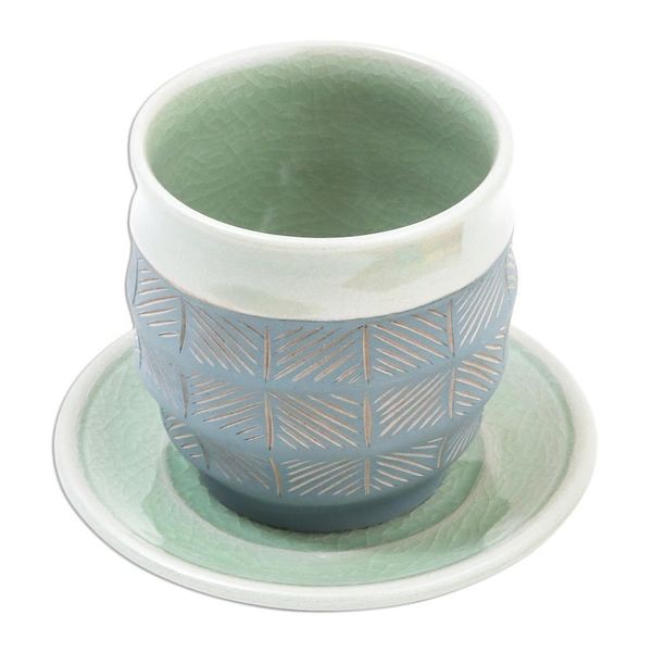 Alternate image for Celadon Ceramic Cup and Saucer in Green from Thailand Verdant Comfort
