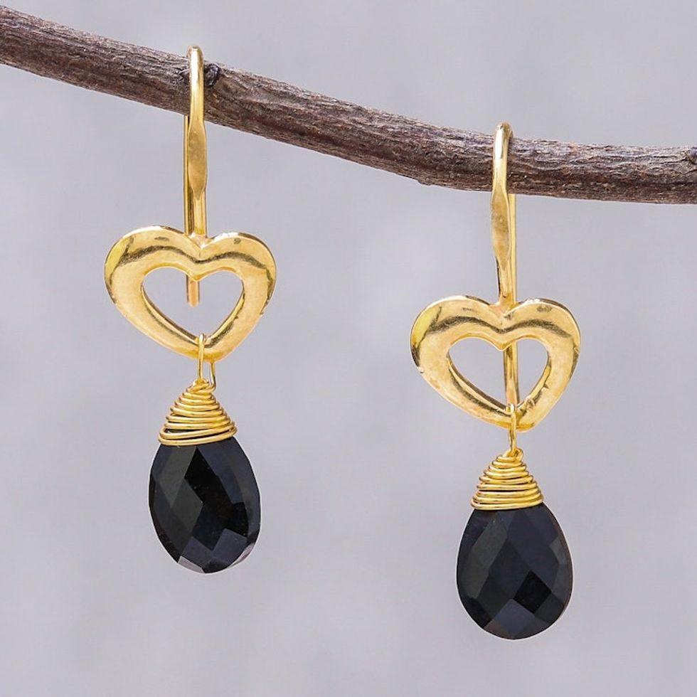 Gold Plated Spinel Heart Dangle Earrings from Thailand 'Time to Love'
