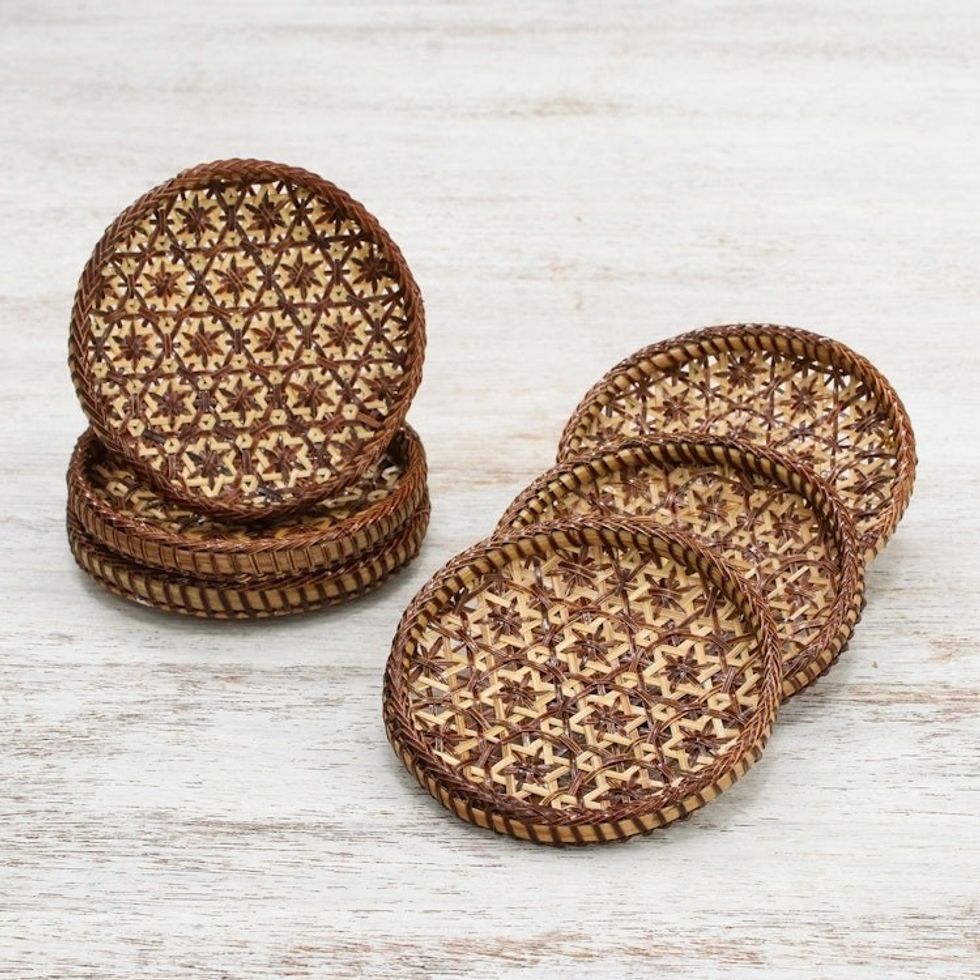 Handcrafted Woven Flower Motif Bamboo Coasters Set of 6 'Pikul Hospitality'
