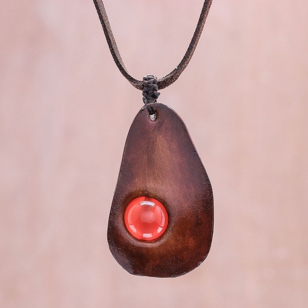 Carnelian and Leather Pendant Necklace from Thailand 'Stylish Avocado'