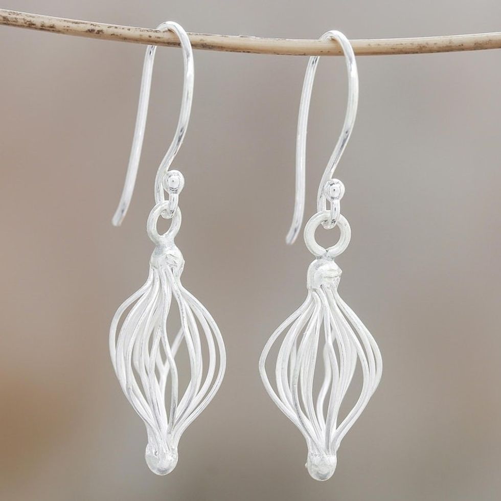 Sterling Silver Wire Dangle Earrings from Thailand 'Beautiful Cage'
