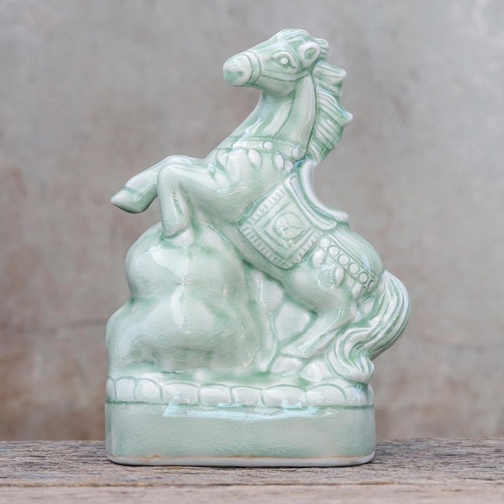 Celadon Ceramic Horse Sculpture Crafted in Thailand 'Lucky Horse'
