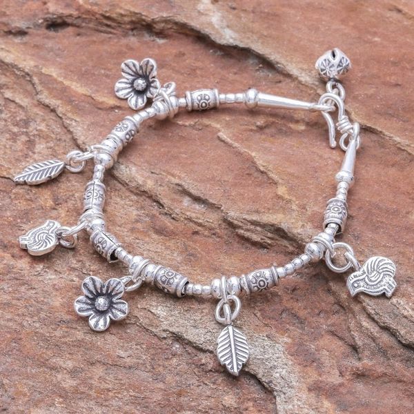Alternate image for Floral Karen Silver Beaded Charm Bracelet from Thailand Essence of the Forest