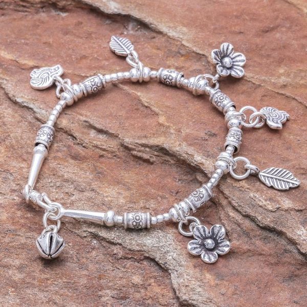 Alternate image for Floral Karen Silver Beaded Charm Bracelet from Thailand Essence of the Forest