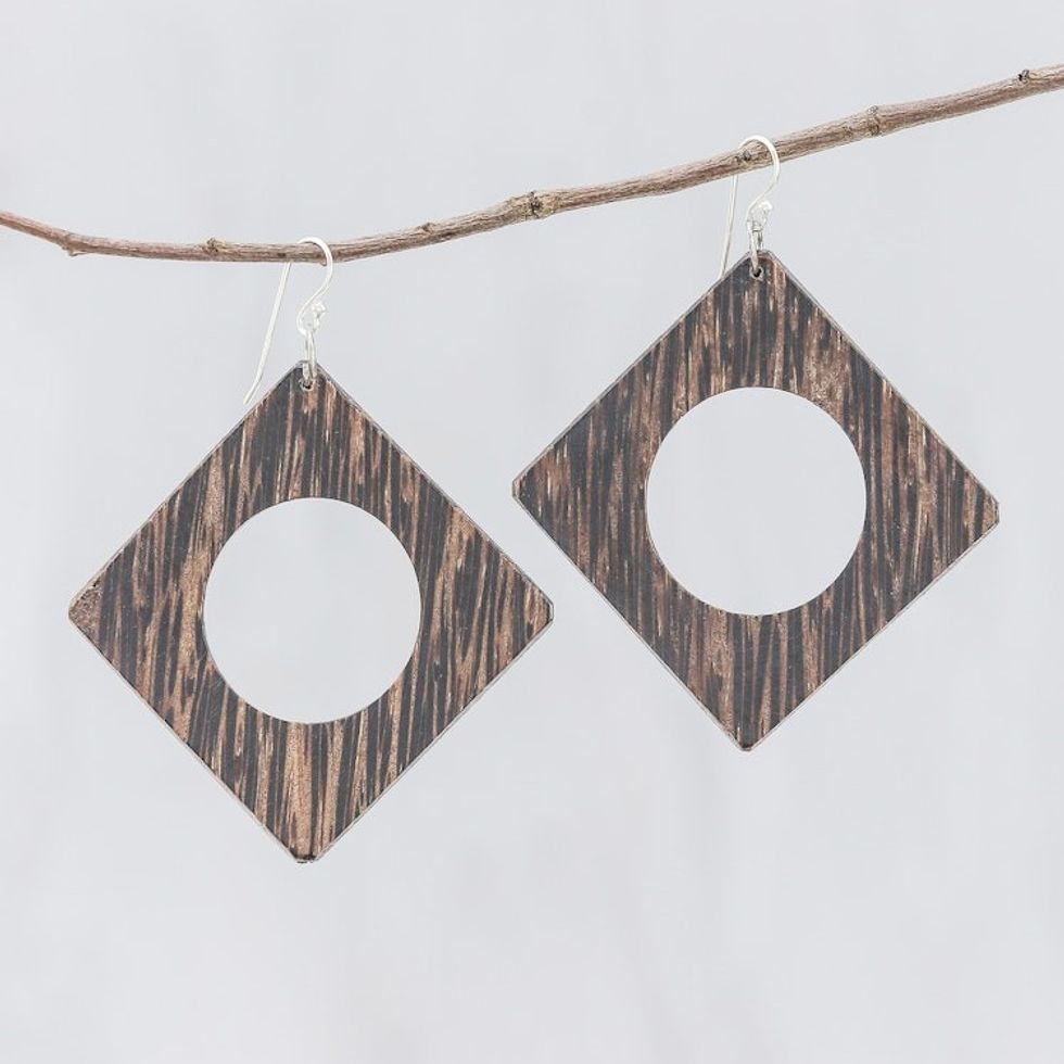 Square Dark Lontar Wood Dangle Earrings from Thailand 'Dark Brown Natural Creativity'