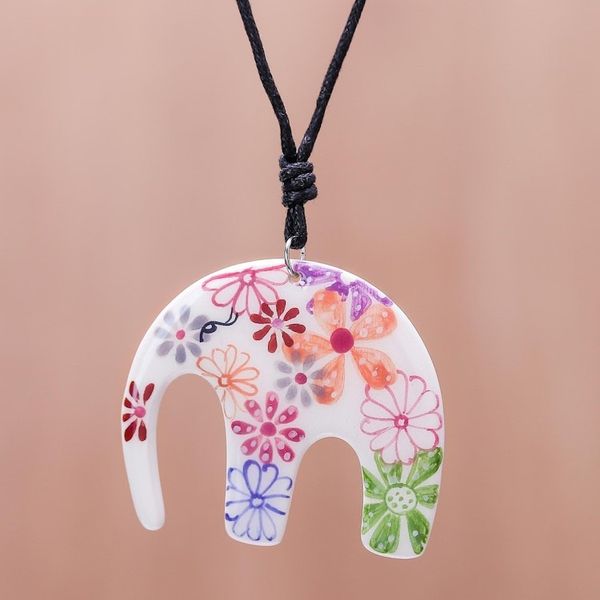 Alternate image for Floral Elephant Ceramic Pendant Necklace from Thailand Delightful Daisies