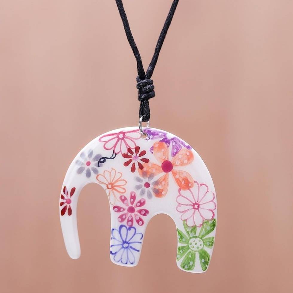 Floral Elephant Ceramic Pendant Necklace from Thailand 'Delightful Daisies'