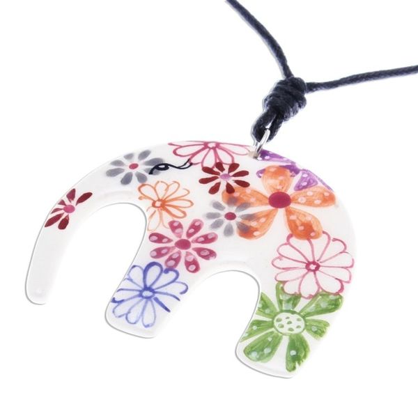 Alternate image for Floral Elephant Ceramic Pendant Necklace from Thailand Delightful Daisies