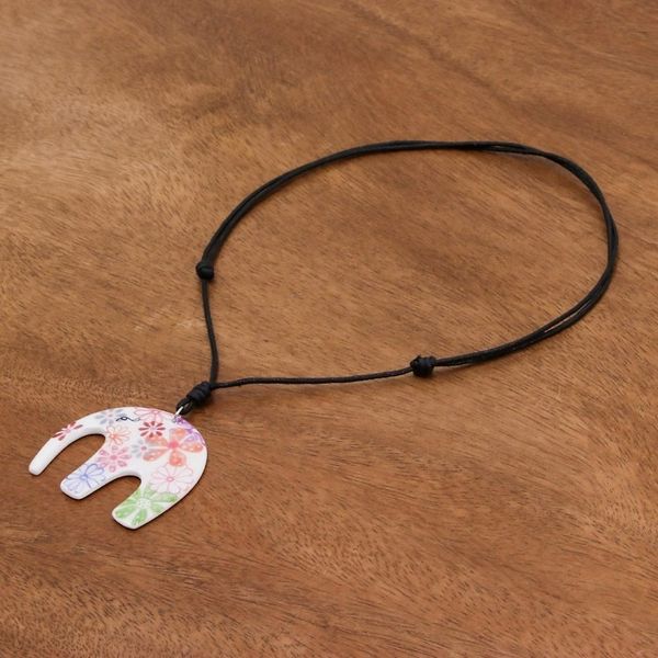 Alternate image for Floral Elephant Ceramic Pendant Necklace from Thailand Delightful Daisies