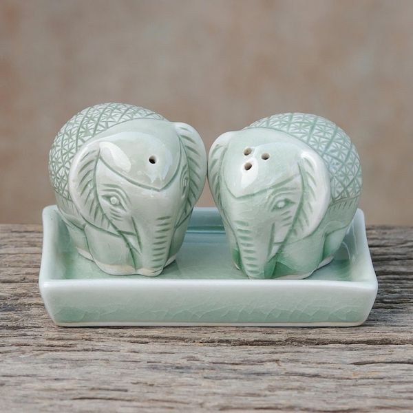 Alternate image for Elephant-Themed Celadon Ceramic Salt and Pepper Shaker Set Elephant Texture