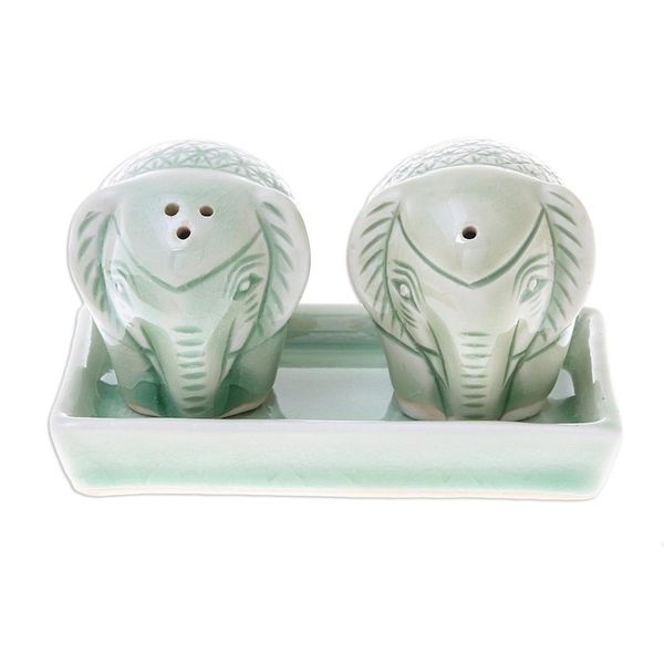Alternate image for Elephant-Themed Celadon Ceramic Salt and Pepper Shaker Set Elephant Texture
