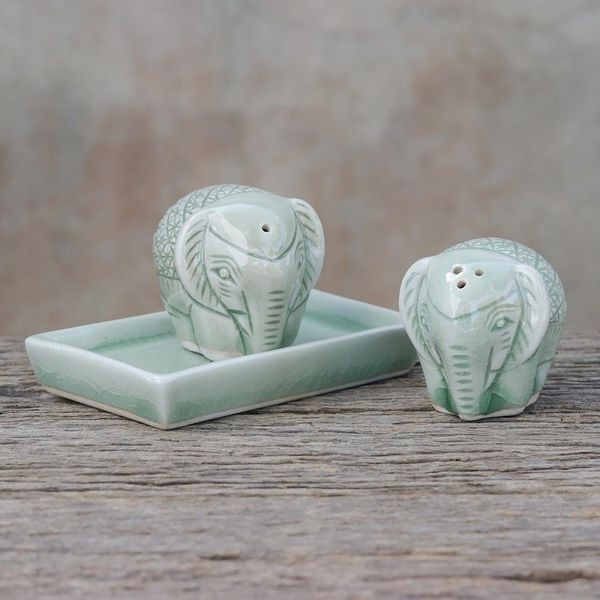 Alternate image for Elephant-Themed Celadon Ceramic Salt and Pepper Shaker Set Elephant Texture