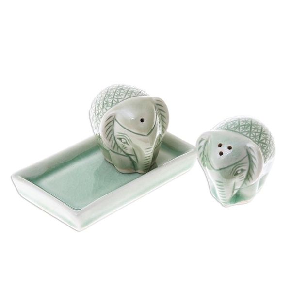 Alternate image for Elephant-Themed Celadon Ceramic Salt and Pepper Shaker Set Elephant Texture