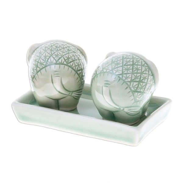 Alternate image for Elephant-Themed Celadon Ceramic Salt and Pepper Shaker Set Elephant Texture