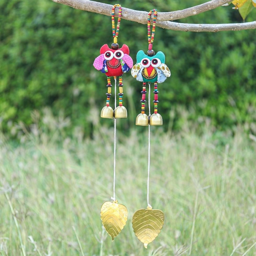 Handmade Owl-Themed Cotton Mobiles from Thailand Pair 'Ringing Owls'