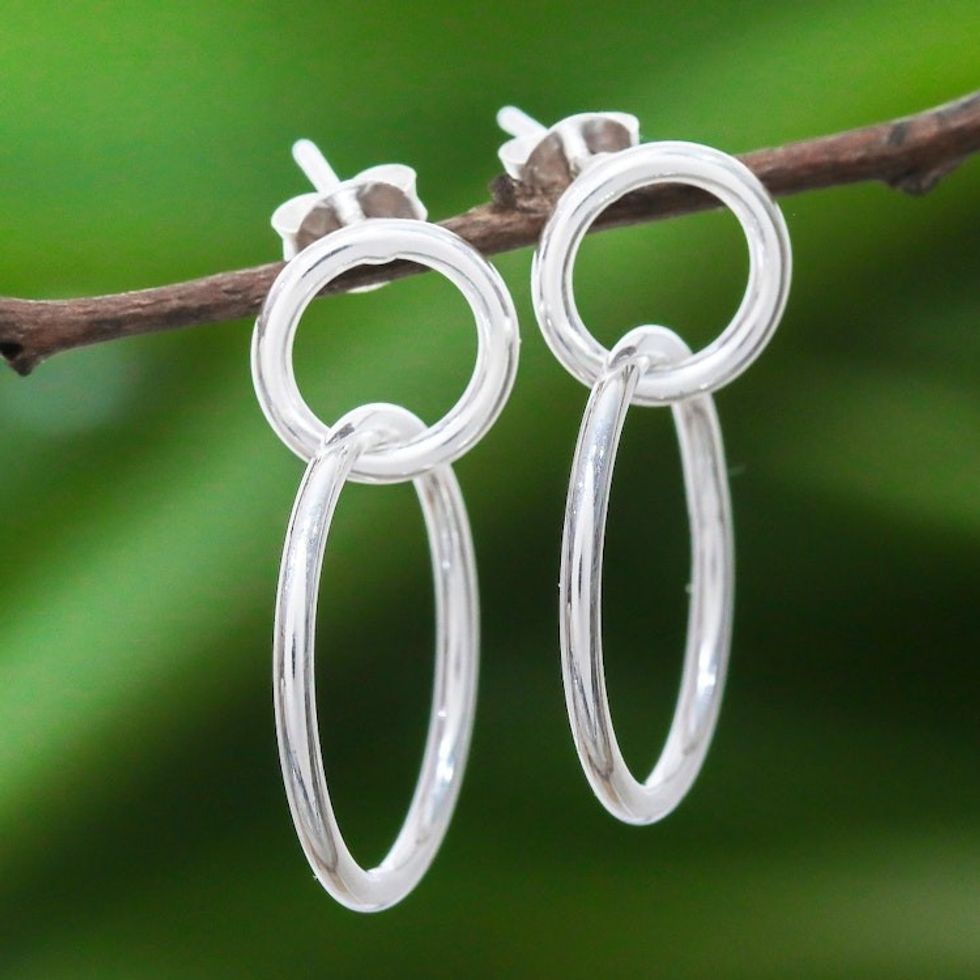 Ringed Sterling Silver Dangle Earrings from Thailand 'Dual Rings'