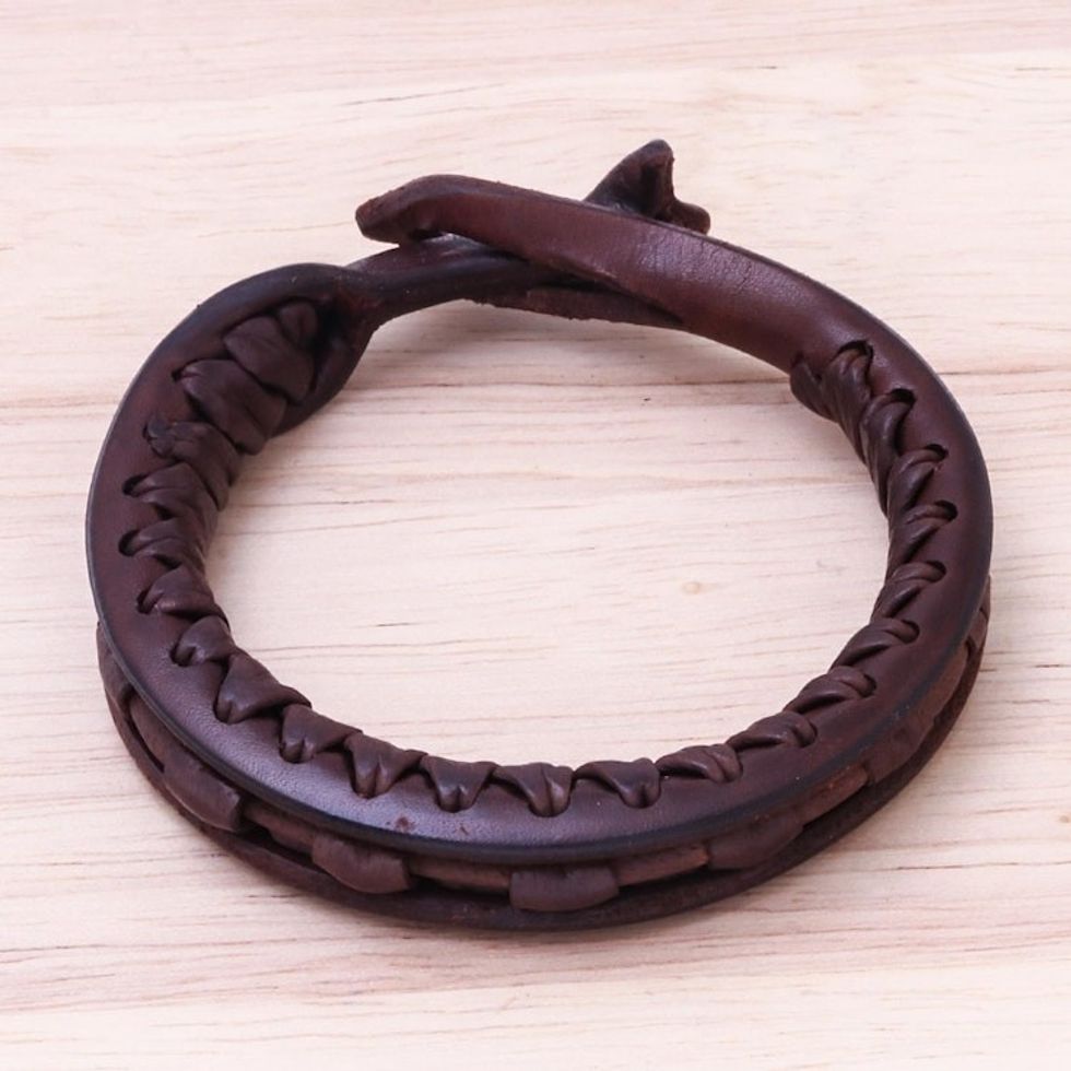 Artisan Crafted Leather Bangle Bracelet from Thailand 'Surrounded by Beauty'