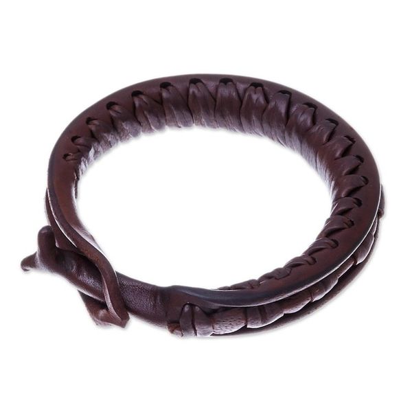Alternate image for Artisan Crafted Leather Bangle Bracelet from Thailand Surrounded by Beauty