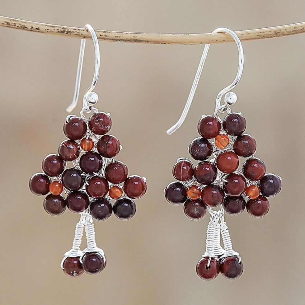 Jasper and Carnelian Beaded Dangle Earrings from Thailand 'Beaded Forest'