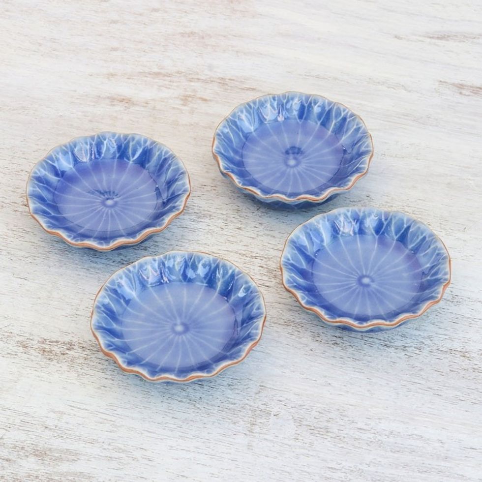 Lotus Leaf Blue Ceramic Appetizer Bowls Set of 4 'Festive Lotus'