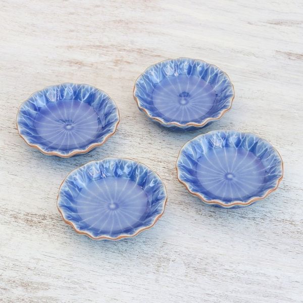 Alternate image for Lotus Leaf Blue Ceramic Appetizer Bowls Set of 4 Festive Lotus