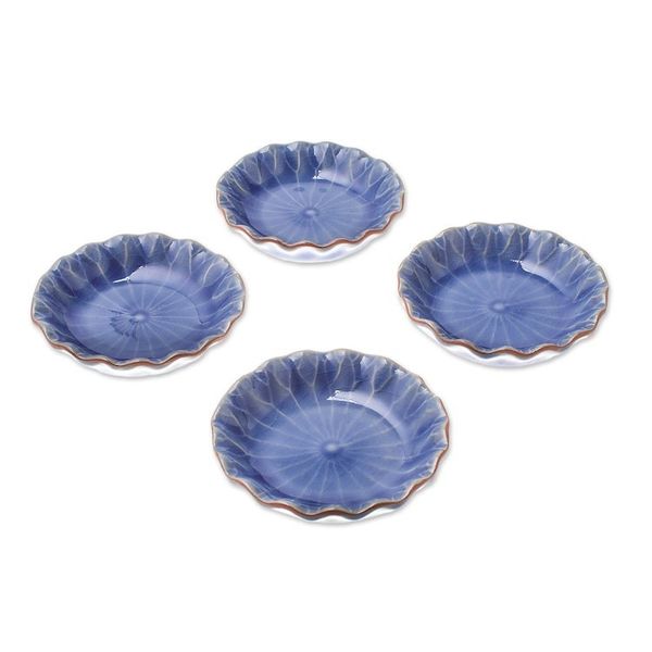 Alternate image for Lotus Leaf Blue Ceramic Appetizer Bowls Set of 4 Festive Lotus