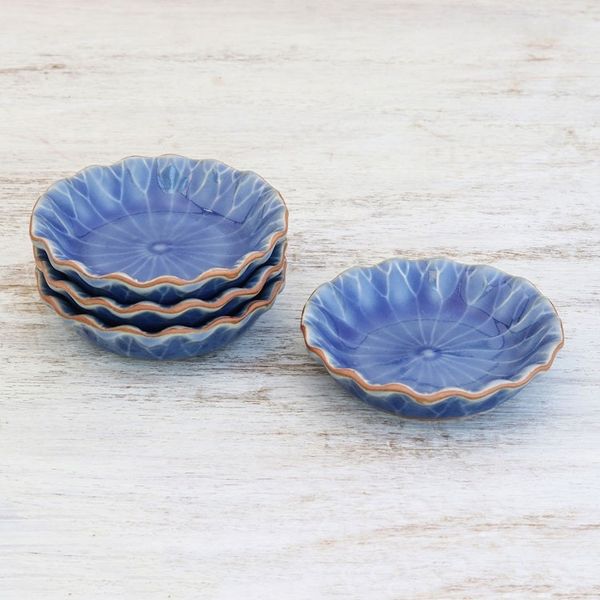 Alternate image for Lotus Leaf Blue Ceramic Appetizer Bowls Set of 4 Festive Lotus