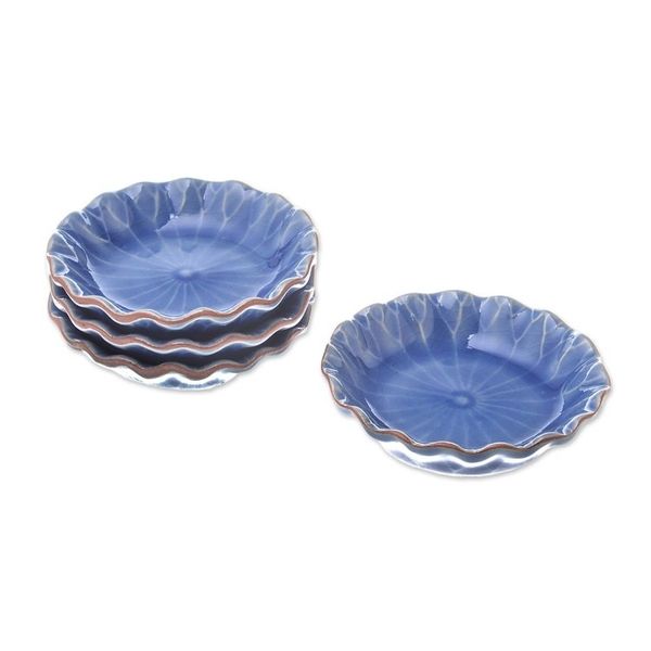 Alternate image for Lotus Leaf Blue Ceramic Appetizer Bowls Set of 4 Festive Lotus