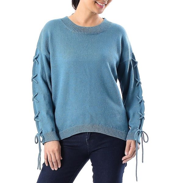 Alternate image for Knit Cotton Pullover in Cerulean from Thailand Cool Cross in Cerulean