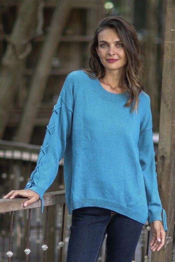 Alternate image for Knit Cotton Pullover in Cerulean from Thailand Cool Cross in Cerulean