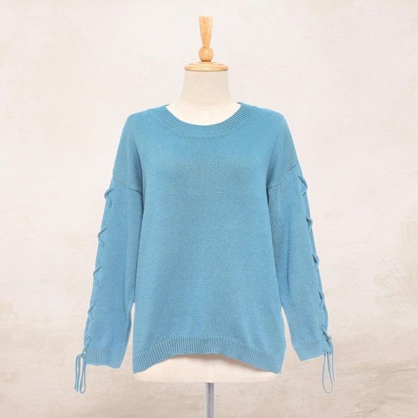 Alternate image for Knit Cotton Pullover in Cerulean from Thailand Cool Cross in Cerulean
